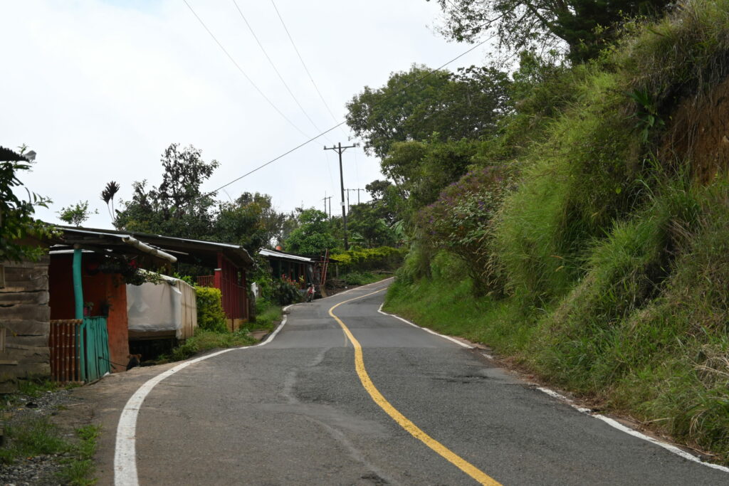 Winding road with small buildings on the left and green hillside on the right