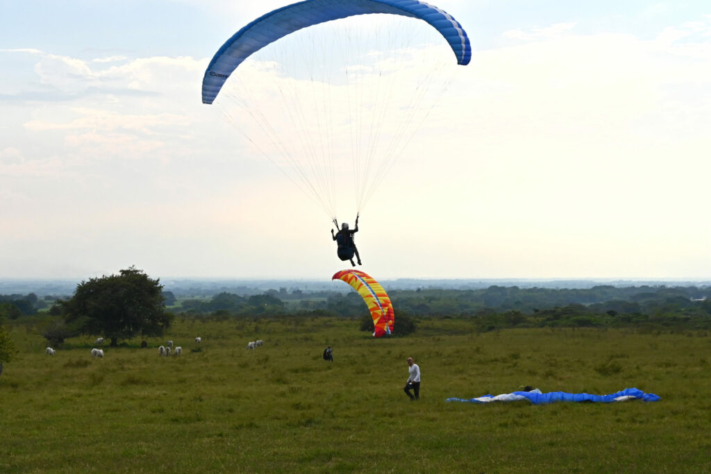 Three paraglider landing on a green field