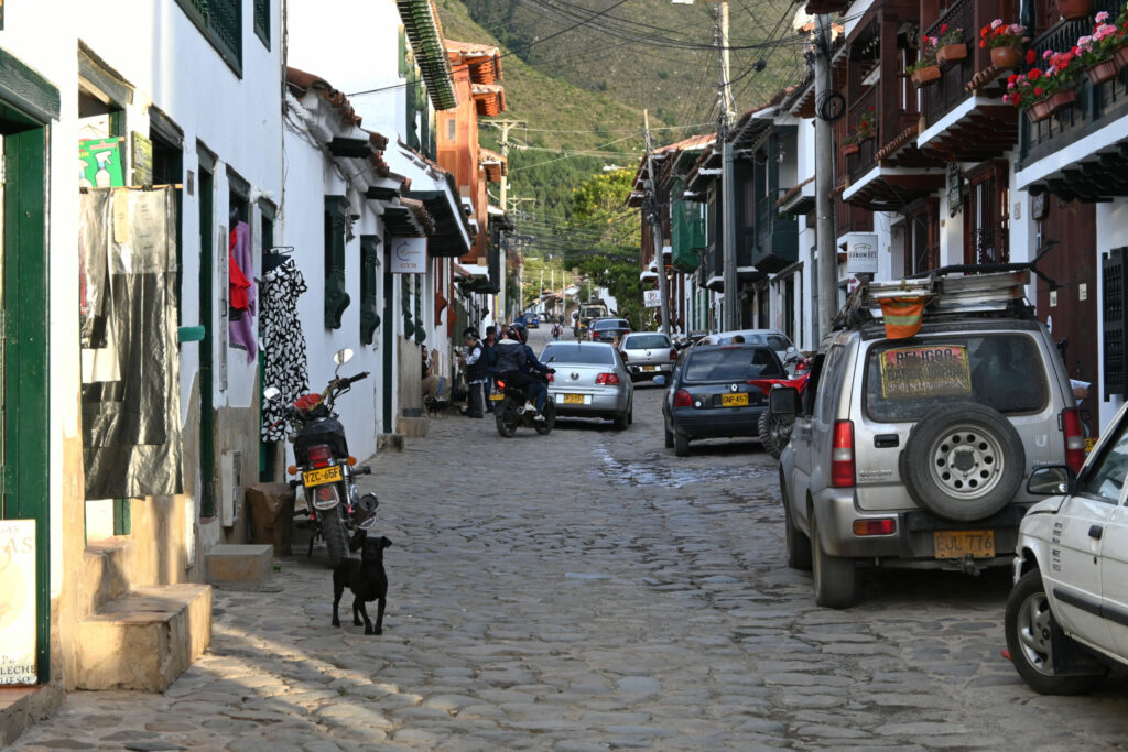 A street with cars and houses to the left and right